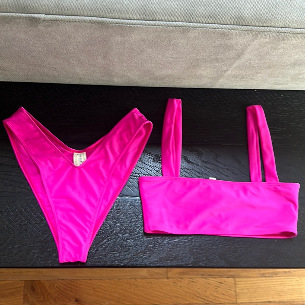 Hot pink love lounge bikini, medium top, and medium bottoms